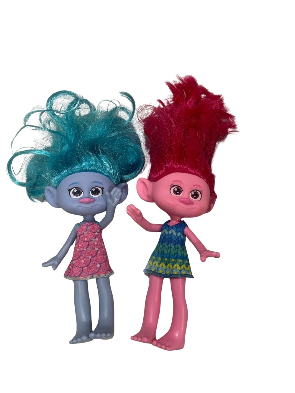 Set of 2 Pink and Blue Troll Dolls with Colorful Hair